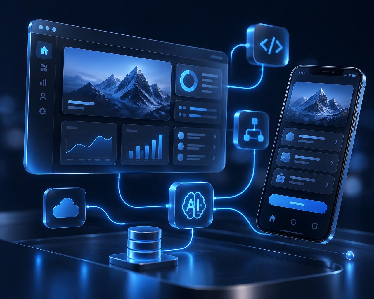 Website and mobile app interfaces connected by AI workflows